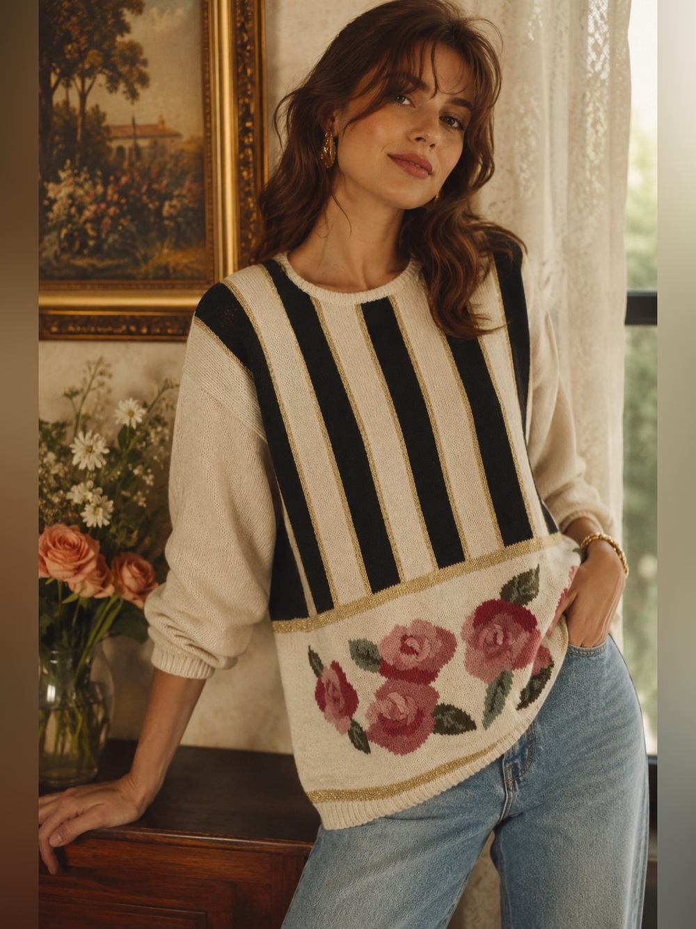 Vintage 90s Milano Design Group Rose Floral Striped Sweater L Ramie Cotton